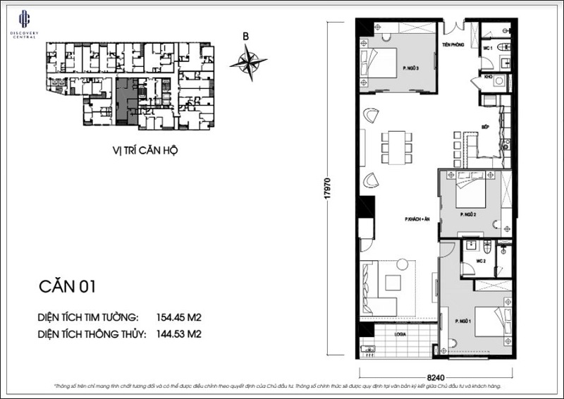 Thiết kế căn 01 - 144m2 - 3 phòng ngủ tại chung cư Discovery Central