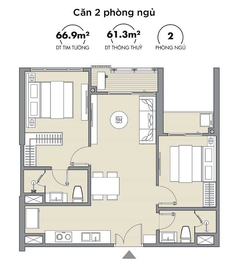 Mẫu thiết kế căn hộ 2PN 61m2 tại chung cư Masteri Smart City