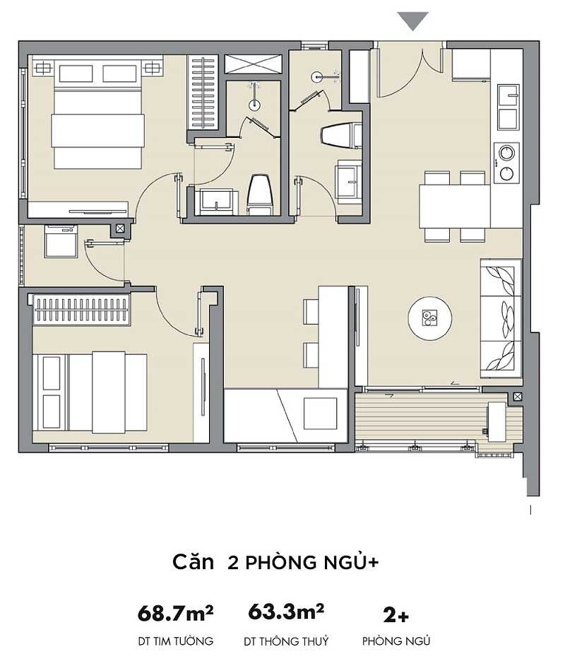 Mẫu thiết kế căn hộ 2PN 63m2 tại chung cư Masteri Smart City Đại Mỗ